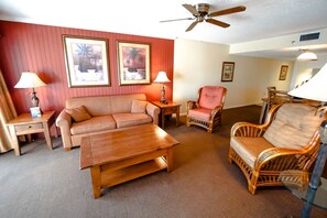 Relax in a cozy living area that boasts ample seating and a charming atmosphere, ideal for unwinding after beach adventures, complete with modern amenities like a smart TV and Wi-Fi.