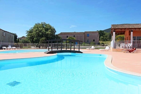Dive into the gorgeous outdoor pool with your group.