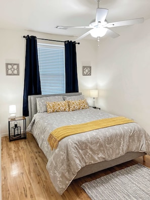 Bedroom 1 queen bed, large closet space, black out blinds
