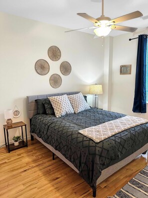 bedroom 2 has queen bed, large closet space, black out blinds