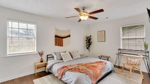 Master bedroom with USB outlet bedside, added lights on bedside tables- not yet pictured