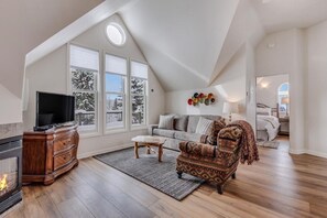 The living area features a queen size pull out sofa and a gas fire place that turns on and off automatically based on the thermostat settings.