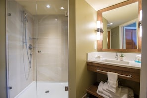 The half bathroom provides ample space for everyone to get ready.