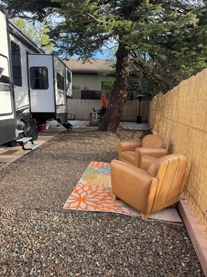 A view down the yard to another sitting area