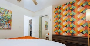 Bedroom, KING bed, dresser, closet, nightstands, lamps, charging ports