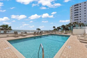 Take a dip in the beachfront pool at Seawinds—seasonally heated and just steps from the sand in beautiful Ormond Beach