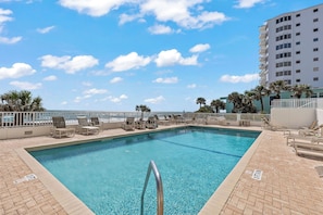 Take a dip in the beachfront pool at Seawinds—seasonally heated and just steps from the sand in beautiful Ormond Beach