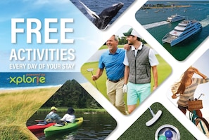 Free Tickets and Complimentary Activities! Create unforgettable memories and experience Cape Cod like a local! Enjoy $750 worth of daily exclusive free tickets to exciting local attractions through our partnership with Xplorie. Your amenities include activities such as Island Cruises, Whale Watch, A Daily Round of Golf, Bike Rentals and admission to Whydah Pirate Museum.