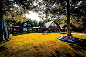 Expansive grounds and kayaks for water adventures.