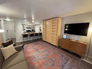When all of the beds are tucked away, here is what the living room looks like.