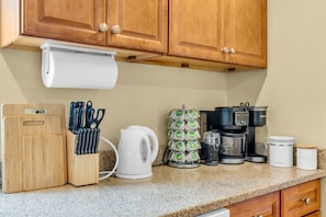 A well stocked kitchen at the Jersey Shore is a must! Enjoy a combo coffee maker, a full kitchen with cooking utensils, plate and silverware and fresh coffee beans to be grounded!