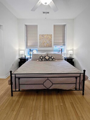 King bed. Night stands have USB Charging and night lights. 