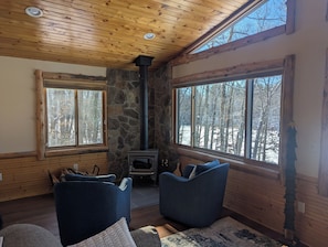 Living room looking at wood stove
