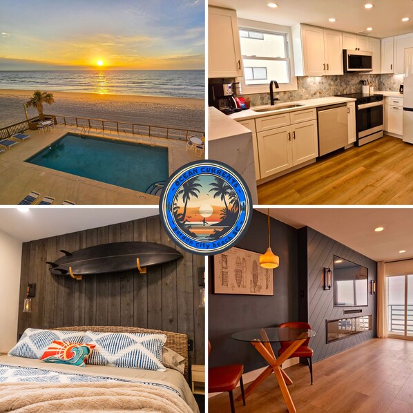 Ocean Currents has an ocean front view from the expansive balcony and living room, boasts a 100 inch electric fireplace and 85 inch television in the living room, a fully renovated kitchen and bath, and a king sized bed primary suite.