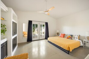 Blackout curtains block any light from outside.