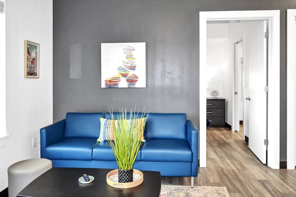 Living room with comfortable seating & 50" Smart TV!