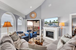 TV and fireplace.