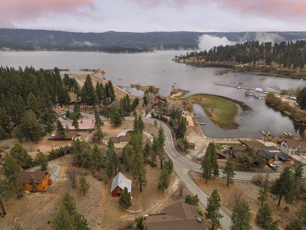 Elevated aerial of cabin near Big Bear Lake!