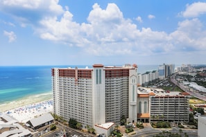 Aerial shot showcasing beach access.