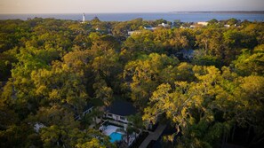 Arial shot of the property with the pier village and Jekyll sound in the distance