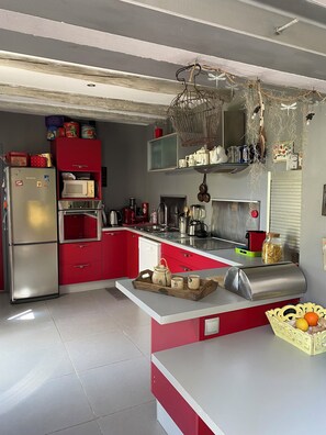 La cuisine aménagée donnant sur la terrasse