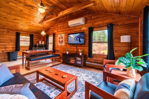 Bright and open living space with vaulted ceilings, large windows, and a cozy setup for movie nights or rainy day lounging.