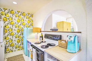 Our lemon-themed kitchen is fully stocked with everything you need to enjoy your stay.