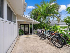 Spacious parking areas for 3-4 cars and welcoming entry w/ etched glass doors.