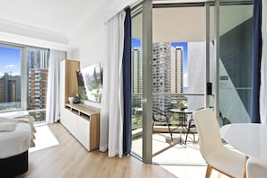 Cozy balcony is right next to the sleeping area and the dining area