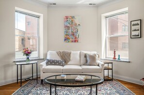 Kick back in our fully furnished living room after strolling Chicago.