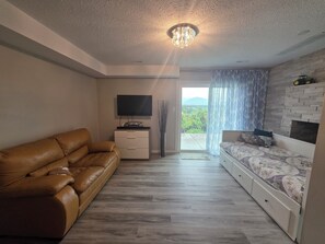 Living room with two twin size mattresses day beds and patio entry great for kid