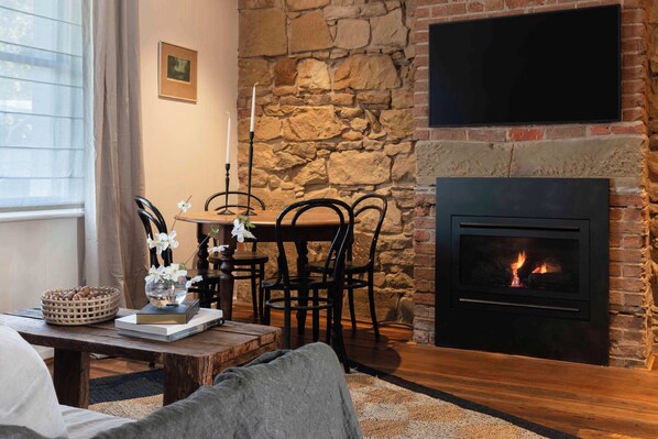 Living, Dining area with fireplace