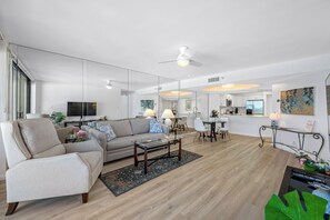 Comfortable seating area with large windows and ocean views