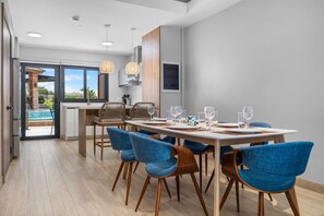 This dining area is ready for a good time! It’s the perfect spot for sharing meals and making memories with friends.