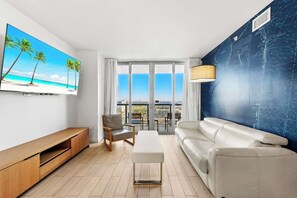 From the living room, step onto the connecting balcony to enjoy waterfront panoramas and beautiful sunsets.