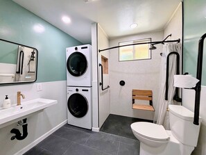 Newly renovated guest bathroom. Wheelchair-friendly.