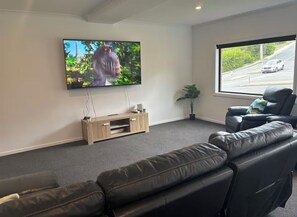 Cinema Room with 75” inch tv, large couch for multiple people and Nintendo Wii.