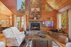Wood-burning fireplace, smart TV set up for streaming