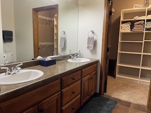 Master bathroom with his/her sinks and walk-in closet