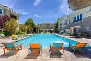 Escape to aquatic bliss with a year-round heated pool