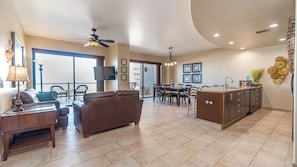 Full main room is spacious with kitchen island.
