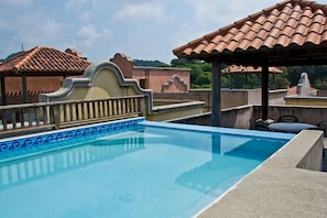 Roof top pool with grill and palapa.
