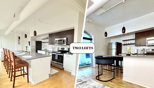 You'll have access to two lofts (separate entrances across the hall from one another) 3 bedrooms total and 3 baths total.