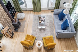 A bird's eye view of the living room from the loft.