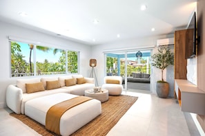 Beautifully renovated living room with exquisite finishes
