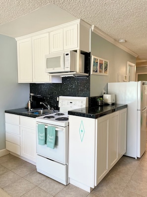 Kitchen with microwave, stove, fridge, and oven. Plates/utensils fully stocked. 