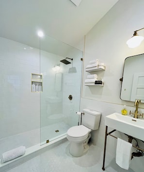Beautiful bathroom with walk-in shower and rainfall shower head.