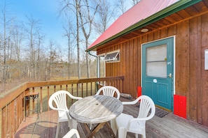 Cabin Exterior | Furnished Deck | Dining Area