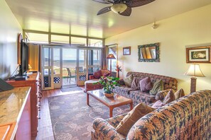 Living Room | Single-Story Condo | Ocean Views | Full Sleeper Sofa
