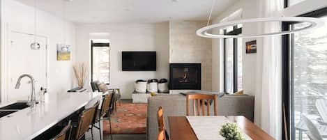 Kitchen, living area, and dining area